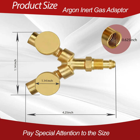 Argon Y Connector With Dual Shut Off Valves No Fuss For Welding Brass Gas Splitter, detailed dimensions shown