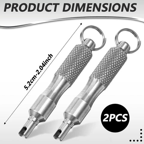 2 Pack Valve Core Removal Tool Keychain Stainless Steel Tire Valve Stem Tool Grab And Go Portable For Bicycle Car Motorcycle Repair Disassembly And Installation At Home, showing two tools with product dimensions.