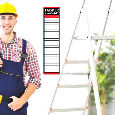 Heavy Duty Red Ladder Inspection Labels 120 Pack Real Deal Safety Stickers For Job Site Checks and crew step tagging on a job site.