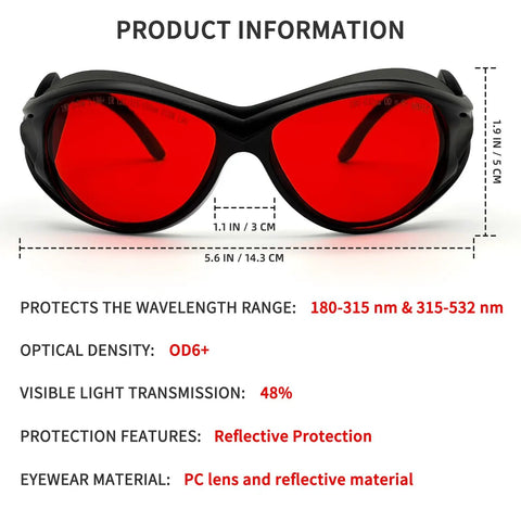 Heavy Duty OD6 Plus Laser Safety Glasses Pulling Double Duty With Kickass Blue Green UV Filtering To Protect Your Peepers On Every Serious Cnc Or Fiber Workshop Build, showing red tinted lenses and size dimensions.