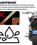 Motorcycle rear view with Dope Carbon Fiber Style Stainless Steel Motorcycle License Plate Frame, rustproof feature highlighted