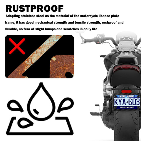 Motorcycle rear view with Dope Carbon Fiber Style Stainless Steel Motorcycle License Plate Frame, rustproof feature highlighted