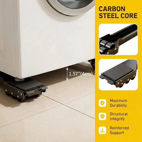 Close-up of Heavy Duty 2 Pack Furniture Dolly With Sturdy Carbon Steel Build and Thick Rubber Pads for washing machine support.
