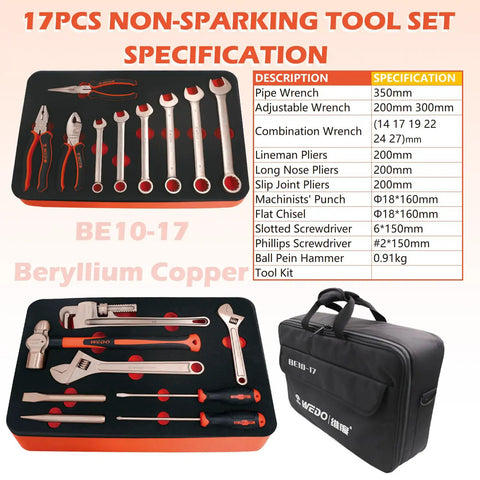 Heavy Duty Non Sparking 17 Piece Tool Kit Built Tough With Pipe Wrench And Adjustable Wrenches Pliers Screwdrivers Chisel Die Forged Beryllium Copper Tools That Are Corrosion Resistant Meets DIN Standards BAM Certification