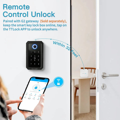 Smart Key Lock Box With Bluetooth Unlock Fingerprint Recognition TTLock App Control Ekey Passcode IC Card Access shown on door