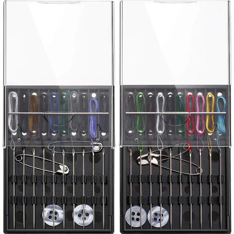 Two Boxes Pre Threaded Hand Sewing Needles Kit With Colorful Threads For Quick Fixes Includes Four Buttons And Four Safety Pins 20 Pieces Total For Mending And DIY Projects displayed open, showing colorful threads, needles, buttons, and pins.