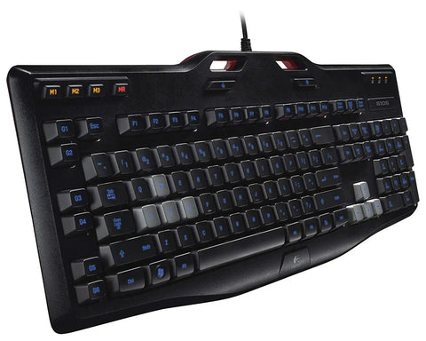 Certified Refurbished Gaming Keyboard With Bright Blue Backlight And Six Programmable Keys showing the main layout and programmable G keys.