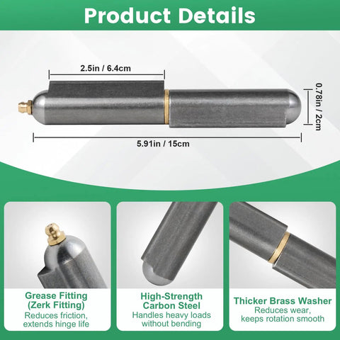 4 Pack 6 Inch Heavy Duty Weld On Hinges Bullet Barrel Shape with Grease Zerk Fitting, Solid Carbon Steel, detailed dimensions shown.