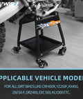 Movable Dirt Bike Stand With Wheels Motorcycle Lift Panel holding a dirt bike, heavy steel frame, for universal motocross use