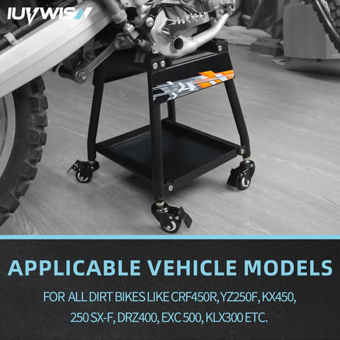 Movable Dirt Bike Stand With Wheels Motorcycle Lift Panel holding a dirt bike, heavy steel frame, for universal motocross use