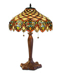 Stained Glass Table Lamp With Hand-Cut Glass Pieces, Amber Cabochon Accents, Copper Foil Trim, Brown Finish, Classic Fluted Metal Base