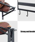 Close-up of Three Tier Wall Mounted Gear Organizer With Ball Rack Bat And Racket Holders; glossy black hooks and ball support