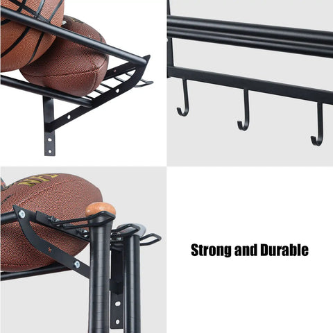 Close-up of Three Tier Wall Mounted Gear Organizer With Ball Rack Bat And Racket Holders; glossy black hooks and ball support