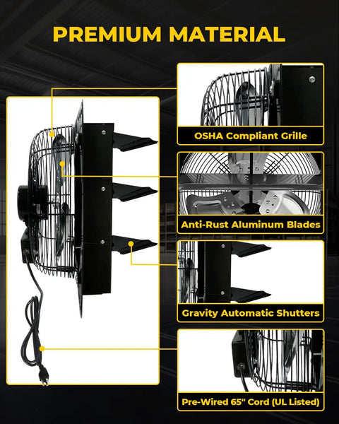 Side view of 14 Inch Shutter Exhaust Fan Wall Mount With Aluminum Blades, showing features like OSHA grille and power cord.