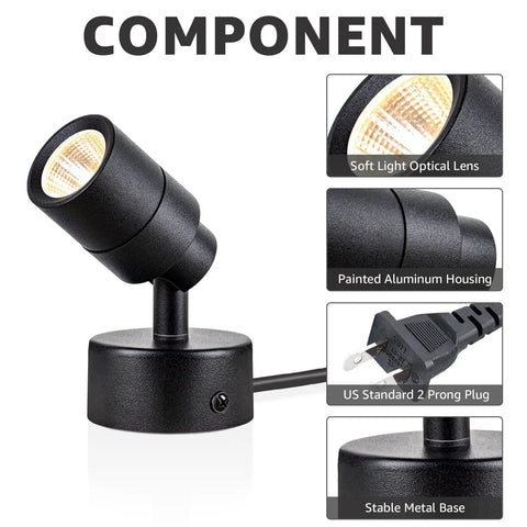 Two Pack Led Indoor Spotlight 120V 3W 3000K Warm White Uplight component with metal base, soft lens, aluminum body, and US plug