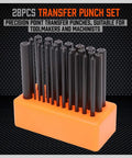 28-piece transfer punch set displayed in orange stand, featuring heat-treated alloy steel forging, rust-resistant black oxide finish.