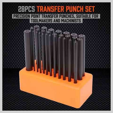 28-piece transfer punch set displayed in orange stand, featuring heat-treated alloy steel forging, rust-resistant black oxide finish.