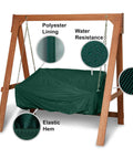 Weatherproof Outdoor Swing Cover With Tough As Nails Vinyl And Polyester Lining, Elastic Hem, Touch Fastener Closures, Mesh Vent, 63W By 26D By 26H, Green covering a swing, showing polyester lining and elastic hem.