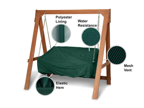 Weatherproof Outdoor Swing Cover With Tough As Nails Vinyl And Polyester Lining, Elastic Hem, Touch Fastener Closures, Mesh Vent, 63W By 26D By 26H, Green covering a swing, showing polyester lining and elastic hem.