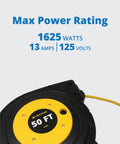 Beefed Up 50 Ft Retractable Extension Cord Reel With 14 3 AWG SJTOW Power Cord showing max power rating details