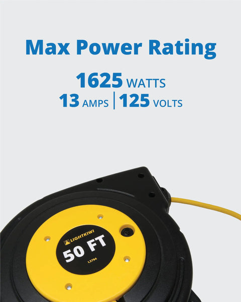 Beefed Up 50 Ft Retractable Extension Cord Reel With 14 3 AWG SJTOW Power Cord showing max power rating details