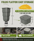 Five Gallon Hanging Deer Feeder With Programmable Digital Timer dimensions and storage instructions on a graphic.