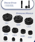 Hydraulic Knockout Punch Kit for Electrical Conduit Hole Cutting, draw studs and 10 die sets labeled by size from 1/2 to 4 inch