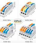 65 Piece Compact Splicing Wire Connectors Kit For AWG 28 To 12, showing four types of connectors with dimensions and quantities.