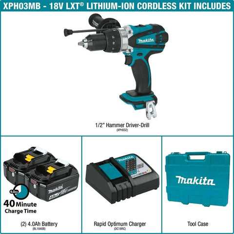 Hard Core Bad Boy 18V Cordless Hammer Driver Drill Kit Featuring 1/2 Inch Chuck And Two Speed Transmission, includes 2 batteries.