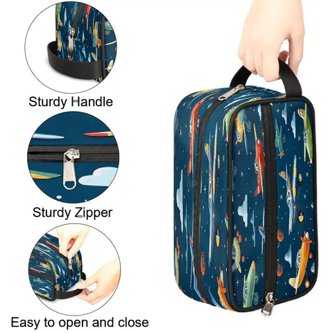 Cartoon Airplane Makeup Bag Travel Toiletry Case For Women And Men Dopp Kit Cosmetic Wash Pouch with sturdy handle and zipper