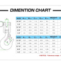 Dimension chart for Heavy Duty Slip Hook And Clevis Hook Chain For Tow Winch And Trailer Stainless Steel Latch Safety Workhorse Hardware Three Sixteenth Inch 330 Lbs Load Capacity Built Tough For Lifting And Towing Corrosion Resistant.