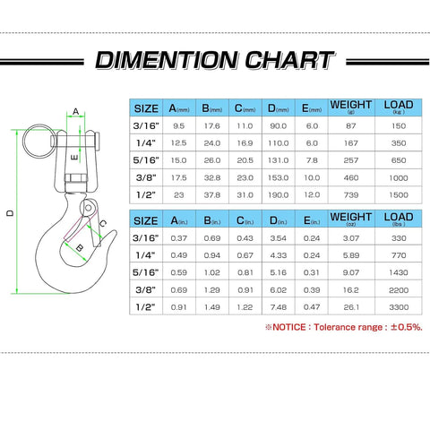 Dimension chart for Heavy Duty Slip Hook And Clevis Hook Chain For Tow Winch And Trailer Stainless Steel Latch Safety Workhorse Hardware Three Sixteenth Inch 330 Lbs Load Capacity Built Tough For Lifting And Towing Corrosion Resistant.