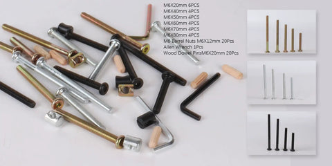 26-Piece All-In-One Baby Bed Frame Bolts And Crib Screws Hardware Replacement Kit With various M6 screws, nuts, and dowels visible