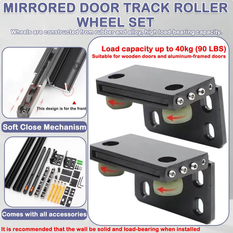 Concealed Sliding Door Kit With Soft Close For Barn Doors, Heavy Duty Ghost Track System, wheel set, load capacity 90 lbs shown
