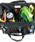 Top view of Heavyweight 16 Inch Tool Bag With 30 Pockets For Quick Access, Built Tough For Pros, organized with tools inside.