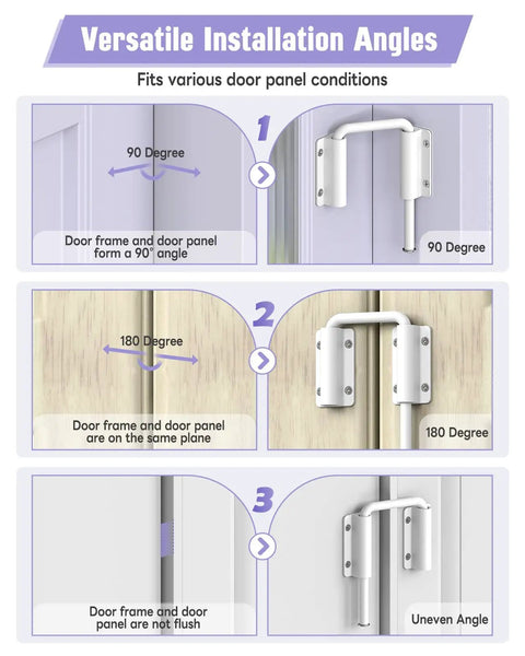Diagram showing the Multi Angle Sliding Door Loop Lock For Barn Doors, Windows, Closets, Fences And Sheds, 90/180 Degree Aluminum Alloy Patio Lock Latch installation options