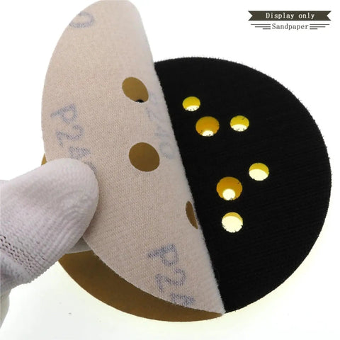 Premium 5 Inch Dry Sanding Discs With Hook Loop System Featuring Durable Aluminum Oxide Abrasive Paper showing eight holes for dust extraction.