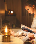 Industrial 3-Way Dimmable Desk Lamp with USB Ports, Touch Control in bedroom, woman reading to child, warm night light option