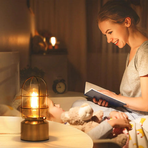 Industrial 3-Way Dimmable Desk Lamp with USB Ports, Touch Control in bedroom, woman reading to child, warm night light option