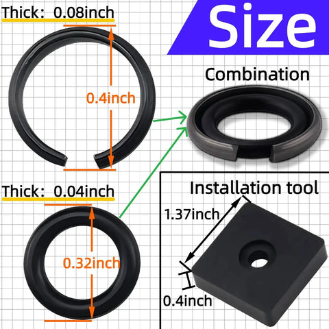 Three Eighths Inch Impact Wrench Retaining Ring Kit with Pro Grade Friction Rings O Rings and Anvil Tools for Electric and Pneumatic Wrenches Using a Three Eighths Inch Square Drive 20 Sets, showing size dimensions on grid.