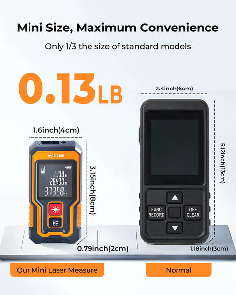 262 Ft Laser Tape Measure For Home DIYers And Real Estate Pros, Fast Accurate Readings Under 0.5s, Switch Between M In Ft And Front Or Rear Reference, Portable Pocket Laser Measuring Tool For Jobsites, compact orange ABS body next to standard model