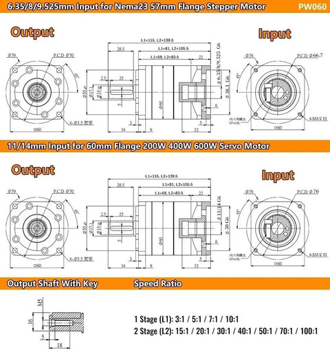 Heavy Duty Workhorse Planetary Gearbox Helical Gear Reducer For 86 Stepper Motors With 14mm Shaft And 70 To 1 Reduction technical drawing.