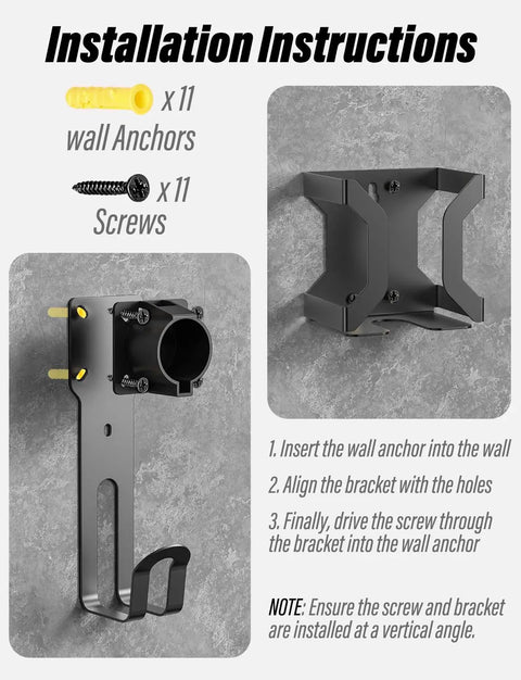 Installation instructions for Heavy Duty Wall Mount J Hook Bracket To Store J1772 EV Charger Cables with anchors and screws.