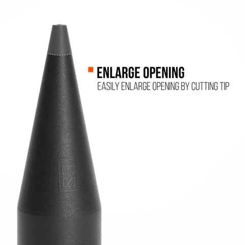 Close-up of cone nozzle tip showing 'Enlarge Opening' text on Cone Nozzle Replacement Kit 10 Pack For Sausage And Bulk Caulk Guns.