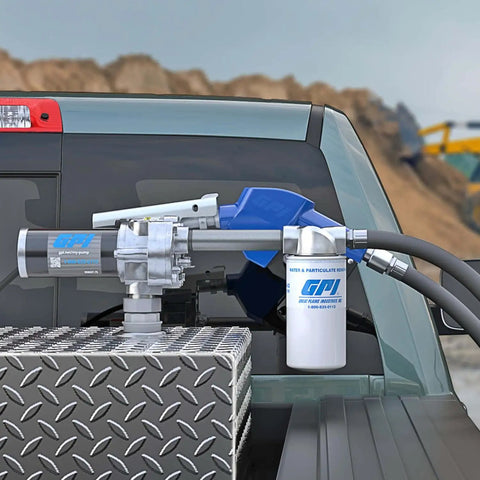No Sweat Fuel Transfer Pump With Automatic Shut Off Nozzle And Premium Filter Kit 18 GPM 12 Volt Motor on truck bed.