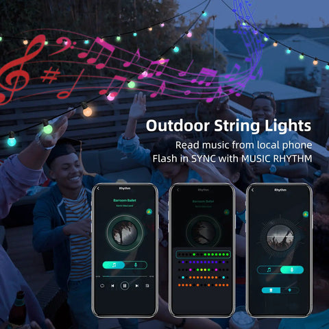 Outdoor Smart String Lights With App Control, 50 Feet Waterproof RGB G40 LED Bulbs, 25 Lights, Music Sync for patio.