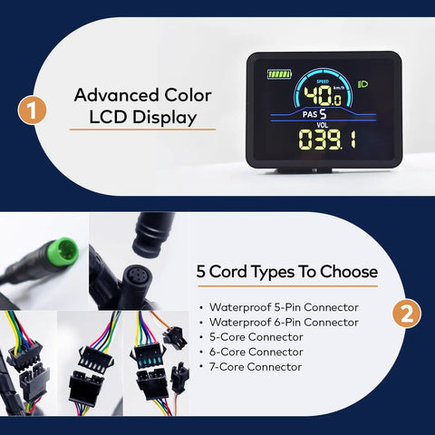 Powerful Ebike Display With UART No 2 Protocol 24V-60V LCD Colorful Left-Side Cycling Computer For Real Time Speed Distance Battery And Ride Data P5C 5-Pin Connector ABS Housing Slick Easy Install