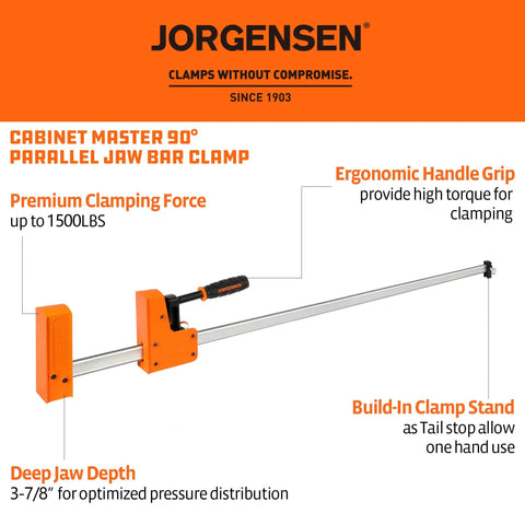 48-Inch Heavy Duty Bar Clamps Set With Parallel Jaws, 1500 Lbs Clamping Force, ergonomic handle, orange color, Jorgensen brand