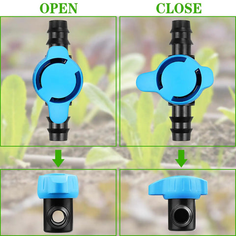 Inline Ball Valve Kit For Drip Irrigation, 12 Pack, showing open and closed positions of blue shut-off valve on soil background.