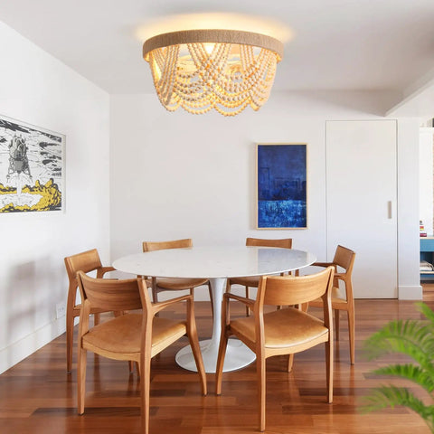 Stylish Boho Fandelier Ceiling Fan With Built In Light And Wireless Remote Six Speeds Low Profile Flush Mount Wood Beaded Detail above dining table.